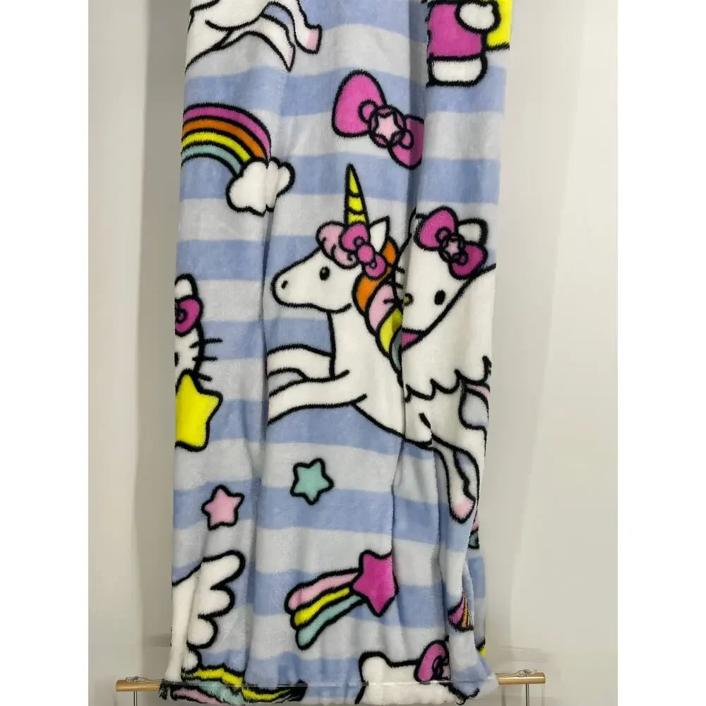 Hello Kitty Plush Throw Blanket 50 x 70 Unicorn Rainbow Blue Stripe Sanrio NEW